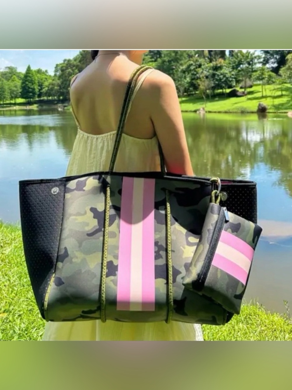 Neoprene Camo Large Tote Bag w/small zippered pouch